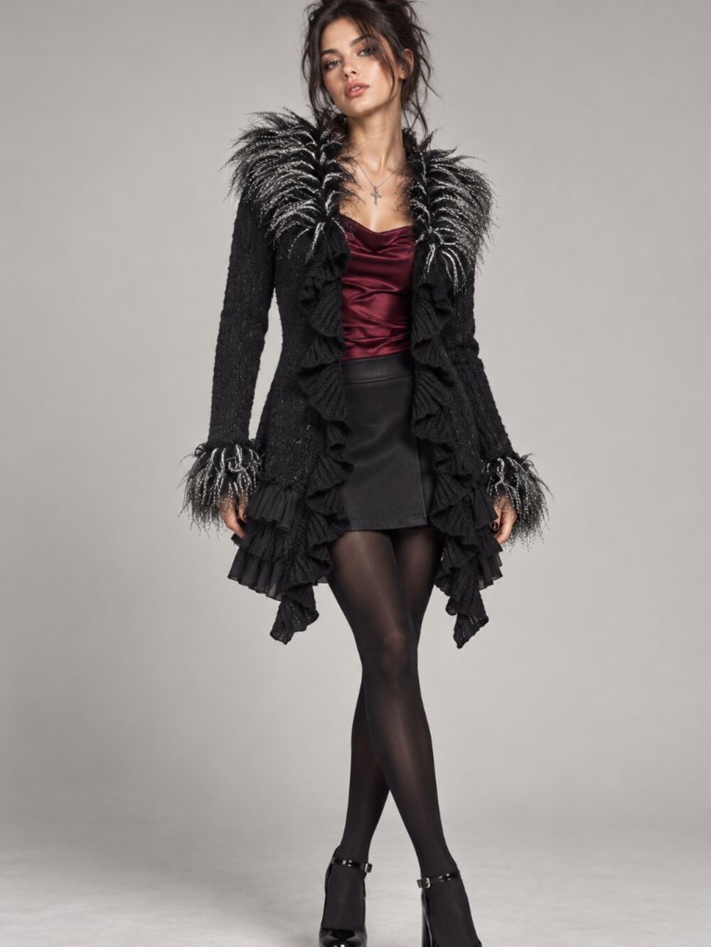 VTG Y2K Penny Lane Cardigan Duster Sz M Black Faux Feather Ruffle Boho Festival